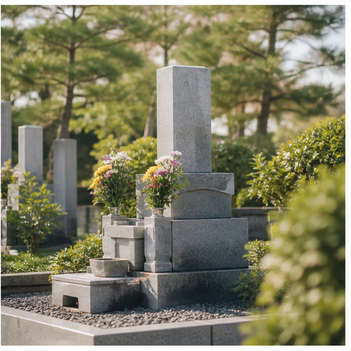 緑に囲まれた穏やかなお墓の生成写真